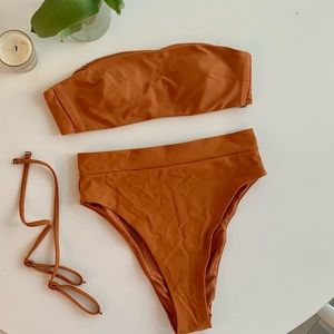 Aerie Bandeau Bikini + High Leg Bottoms